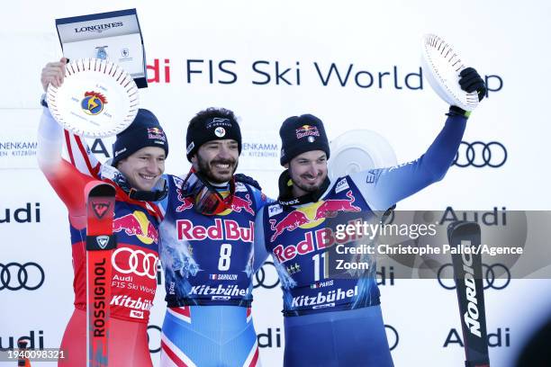 Cyprien Sarrazin of Team France takes 1st place, Marco Odermatt of Team Switzerland takes 2nd place, Dominik Paris of Team Italy takes 3rd place...