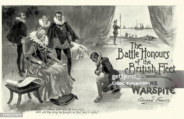 elizabeth the first and sir walter raleigh, hms warspite, royal navy british military history - 16th century style stock illustrations