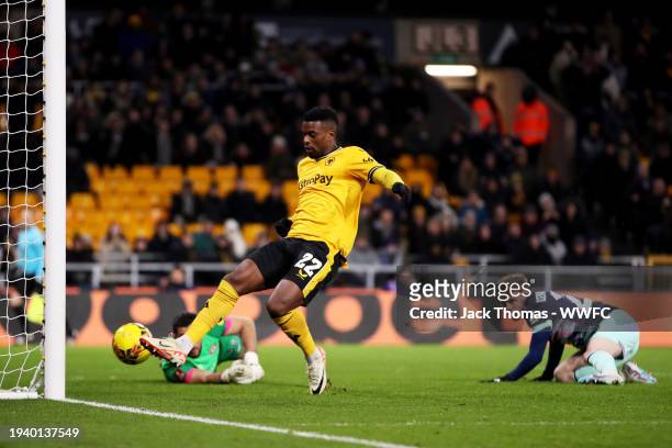 Nelson Semedo of Wolverhampton Wanderers scores his team's first goal during the Emirates FA Cup Third Round Replay match between Wolverhampton...