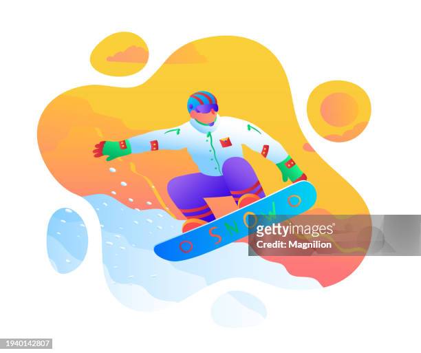 stockillustraties, clipart, cartoons en iconen met snowboarding, snowboarder's stylish trick - white powder