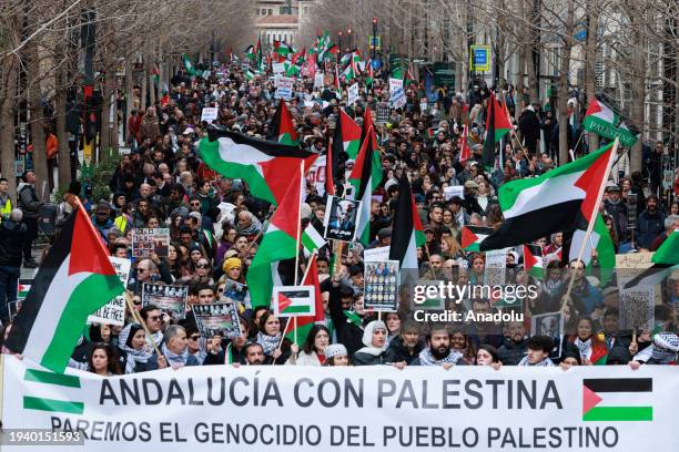 People, holding Palestinian flags, gather to show solidarity with Palestinians and protest against Israeli attacks on Gaza in Granada, Spain on...