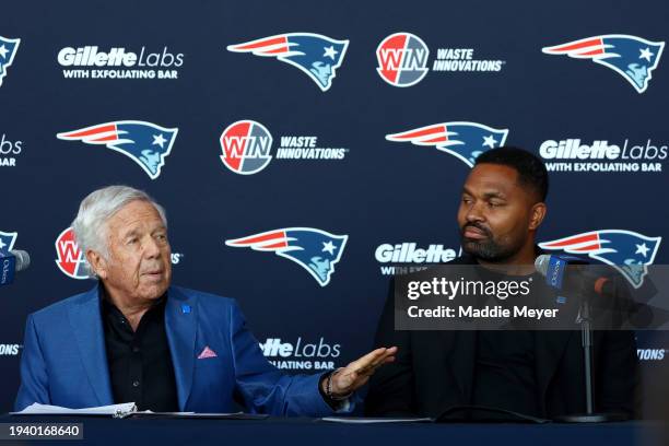 Owner Robert Kraft and newly appointed head coach Jerod Mayo of the New England Patriots speak to the media during a press conference at Gillette...