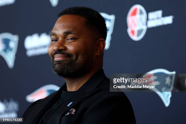 Newly appointed head coach Jerod Mayo of the New England Patriots speaks to the media during a press conference at Gillette Stadium on January 17,...