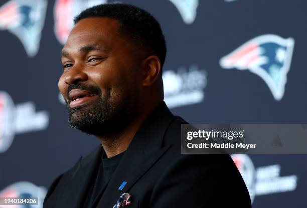 Newly appointed head coach Jerod Mayo of the New England Patriots speaks to the media during a press conference at Gillette Stadium on January 17,...