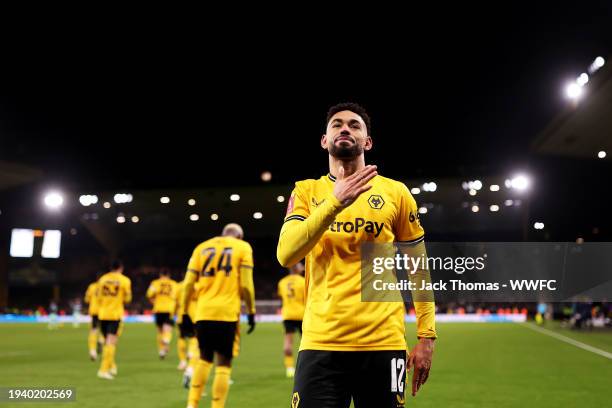 Matheus Cunha of Wolverhampton Wanderers celebrates after scoring his team's third goal during the Emirates FA Cup Third Round Replay match between...
