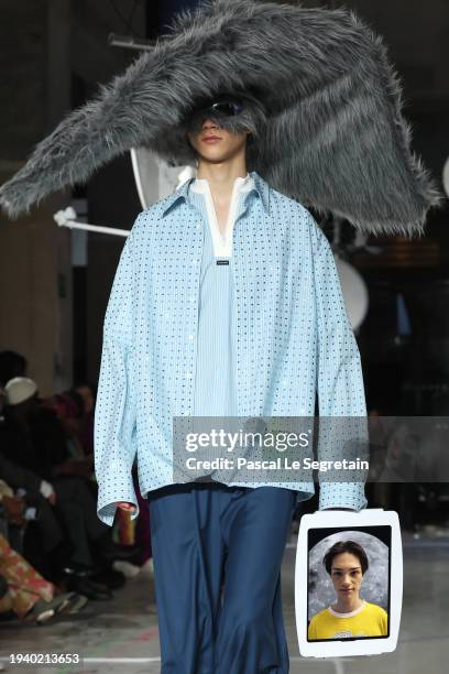 Model walks the runway during the Bluemarble Menswear Fall/Winter 2024-2025 show as part of Paris Fashion Week on January 17, 2024 in Paris, France.