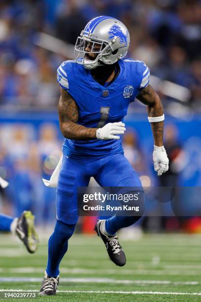 Cameron Sutton of the Detroit Lions defends in coverage during an NFC Wild Card Playoff football game against the Los Angeles Rams at Ford Field on...