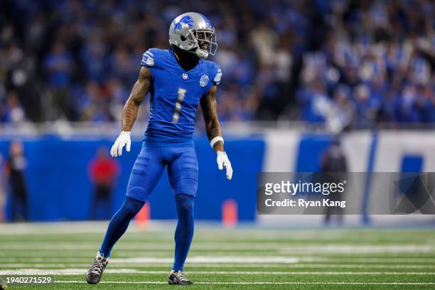 Cameron Sutton of the Detroit Lions defends in coverage during an NFC Wild Card Playoff football game against the Los Angeles Rams at Ford Field on...