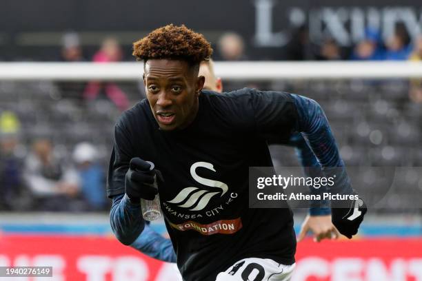 Jamal Lowe of Swansea City warms up prior to the game during the Sky Bet Championship match between Swansea City and Southampton FC at the...