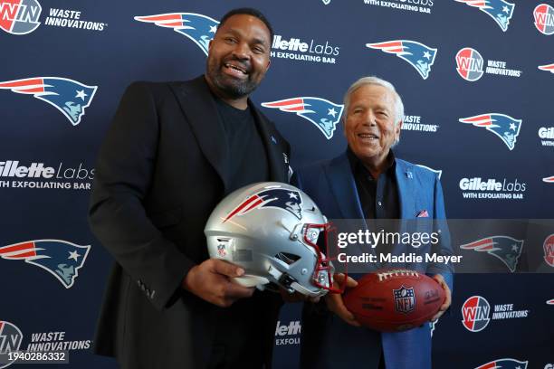 Newly appointed head coach Jerod Mayo and Owner Robert Kraft of the New England Patriots pose after a press conference at Gillette Stadium on January...