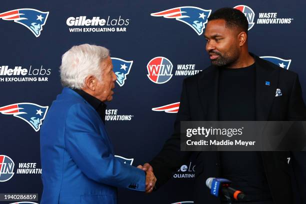 Owner Robert Kraft and newly appointed head coach Jerod Mayo of the New England Patriots shake hands during a press conference at Gillette Stadium on...