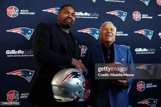 Newly appointed head coach Jerod Mayo and Owner Robert Kraft of the New England Patriots pose for a photo following a press conference at Gillette...