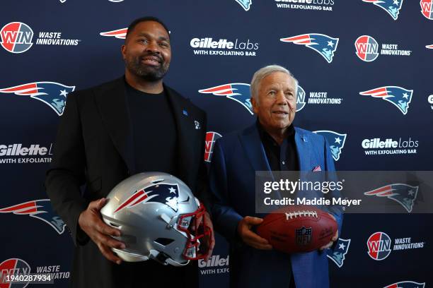 Newly appointed head coach Jerod Mayo and Owner Robert Kraft of the New England Patriots pose for a photo following a press conference at Gillette...