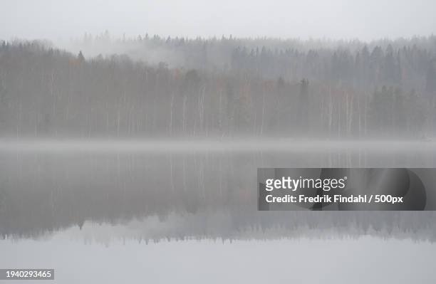 scenic view of lake against sky during foggy weather - årstid stock pictures, royalty-free photos & images