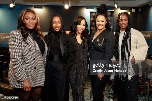 Mignon, Ebony Obsidian, Kj Smith, Crystal Renee Hayslett and Novi Brown pose during a cast special with Sway and the cast of BET's Tyler Perry's...