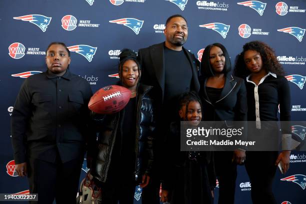 Newly appointed head coach Jerod Mayo, center, with his family Jerod Jr, Chyanne, Chylo, Chantel, and Chya following a media during a press...