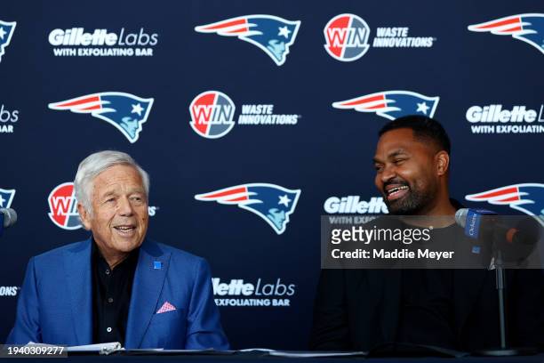Owner Robert Kraft and newly appointed head coach Jerod Mayo of the New England Patriots speak to the media during a press conference at Gillette...