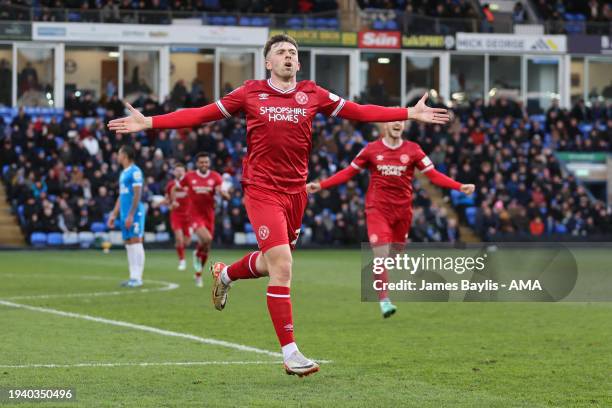 Jordan Shipley of Shrewsbury Town celebrates after scoring a goal to make it 0-1 during the Sky Bet League One match between Peterborough United and...