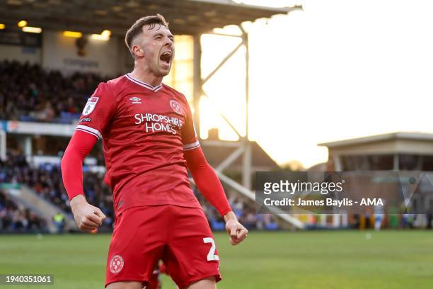 Jordan Shipley of Shrewsbury Town celebrates after scoring a goal to make it 0-1 during the Sky Bet League One match between Peterborough United and...