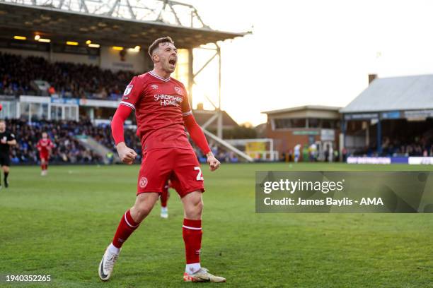 Jordan Shipley of Shrewsbury Town celebrates after scoring a goal to make it 0-1 during the Sky Bet League One match between Peterborough United and...