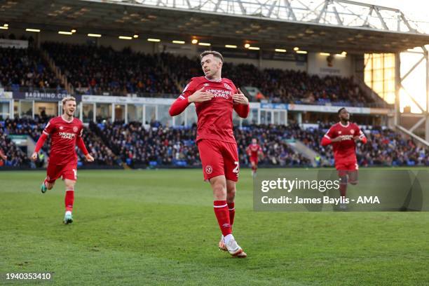 Jordan Shipley of Shrewsbury Town celebrates after scoring a goal to make it 0-1 during the Sky Bet League One match between Peterborough United and...