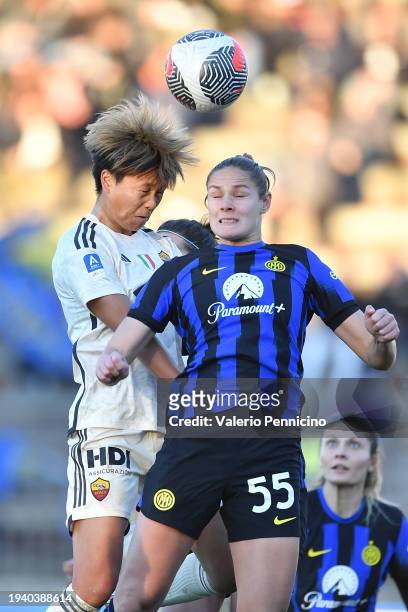 Andrine Tomter of FC Internazionale clashes with Moeka Minami of AS Roma during the Women Serie a match between FC Internazionale and AS Roma at...