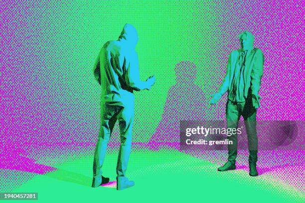 abstract raster print style render of two men talking - bad buzz stock pictures, royalty-free photos & images