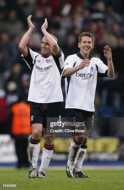 Lee Clark of Fulham celebrates in front of the crowd at the end of the FA Barclaycard Premiership match between Fulham and Newcastle United on April...