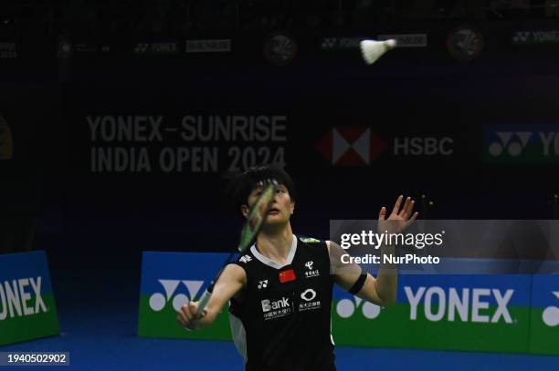 Wang Zhi Yi of China is competing against her compatriot Chen Yu Fei in the women's singles semifinals match of the Yonex Sunrise India Open 2024 in...