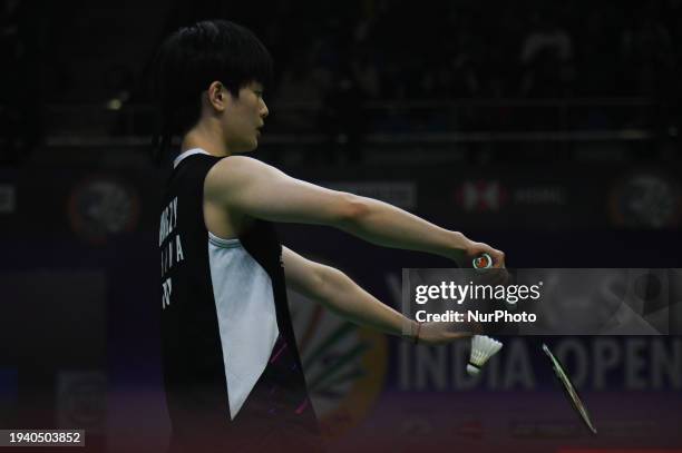 Wang Zhi Yi of China is competing against her compatriot Chen Yu Fei in the women's singles semifinals match of the Yonex Sunrise India Open 2024 in...