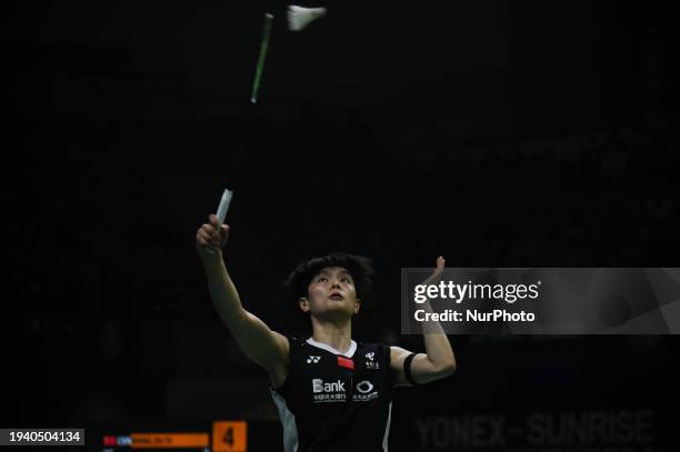 Wang Zhi Yi of China is competing against her compatriot Chen Yu Fei in the women's singles semifinals match of the Yonex Sunrise India Open 2024 in...