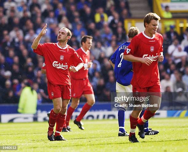 Danny Murphy of Liverpool celebrates after scoring the second goal during the Everton v Liverpool FA Barclaycard Premiership match on April 19, 2003...