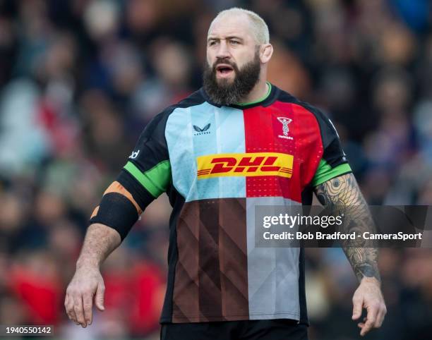 Harlequins' Joe Marler during the Investec Champions Cup match between Harlequins and Ulster Rugby at Twickenham Stoop on January 20, 2024 in London,...