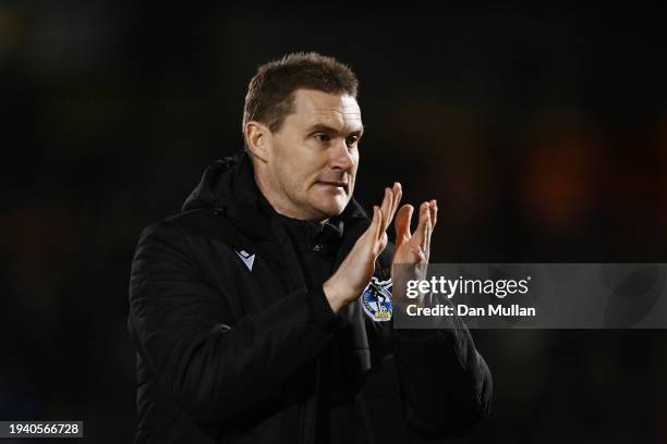 Matt Taylor, Manager of Bristol Rovers, applauds the fans prior to the Emirates FA Cup Third Round Replay match between Bristol Rovers and Norwich...