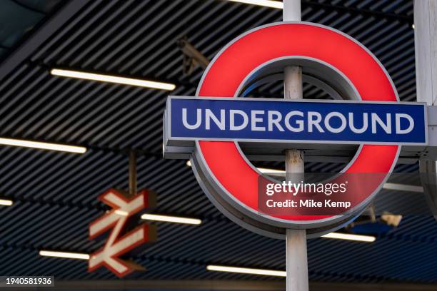 London Underground roundel sign at Cannon Street station and the National Rail Double Arrow logo on 18th January 2024 in London, United Kingdom. The...