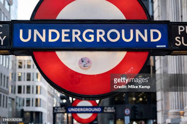 London Underground roundel sign at Monument station on 18th January 2024 in London, United Kingdom. The London Underground is a public rapid transit...