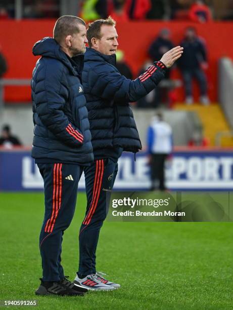 Limerick , Ireland - 20 January 2024; Munster head coach Graham Rowntree, left, and attack coach Mike Prendergast before the Investec Champions Cup...