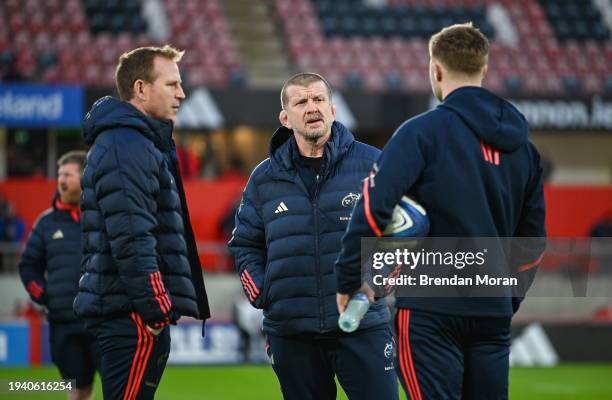 Limerick , Ireland - 20 January 2024; Munster head coach Graham Rowntree, cente, with attack coach Mike Prendergast, left, and Jack Crowley before...