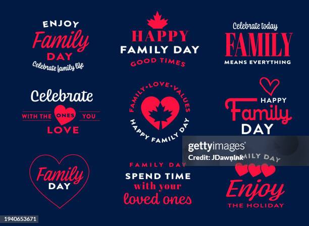set of happy family day february commemorative day logo or label designs - maple leaf heart stock illustrations