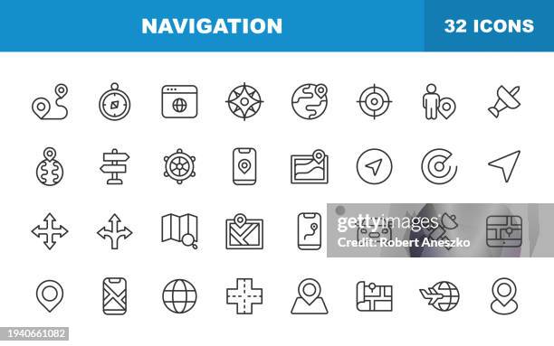 ilustraciones, imágenes clip art, dibujos animados e iconos de stock de iconos de línea de navegación. trazo editable. contiene iconos como ubicación, brújula, radar, dirección, destino, mapa, globo, avión, carretera. - copiloto piloto de aeronave