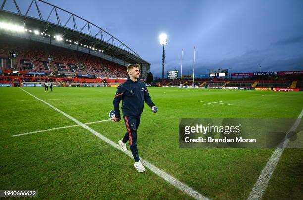 Limerick , Ireland - 20 January 2024; Jack Crowley of Munster walks the pitch before the Investec Champions Cup Pool 3 Round 4 match between Munster...