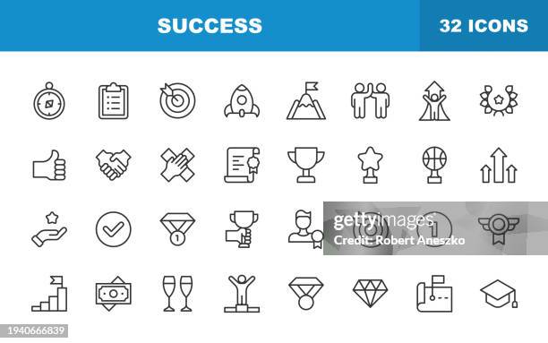 success line icons. editable stroke. contains such icons as trophy, career, community, core values, friendship, goal, growth, handshake, investment, leadership. - rivalry stock illustrations