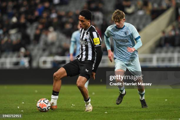 Travis Hernes of Newcastle United passes the ball during the FA Youth Cup match between Newcastle United and AFC Bournemouth at St. James Park on...