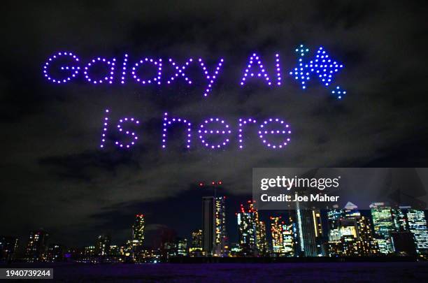 London’s skyline is lit up with an epic drone show to celebrate the launch of the new Samsung Galaxy S24 device featuring Galaxy AI technology at...