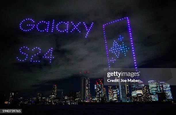 London’s skyline is lit up with an epic drone show to celebrate the launch of the new Samsung Galaxy S24 device featuring Galaxy AI technology at...