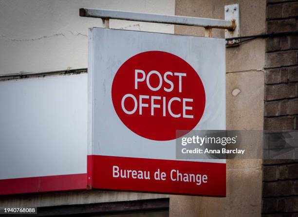 The Post Office logo is seen outside a branch of the Post Office on January 16, 2024 in Keynsham, England. On January 10 the British Prime Minister...