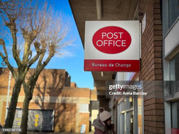 The Post Office logo is displayed outside a branch of the Post Office on January 16, 2024 in Nailsea, England. On January 10 the British Prime...