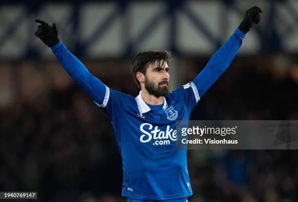 Andre Gomes of Everton celebrates scoring their team's goal during the Emirates FA Cup Third Round Replay match between Everton and Crystal Palace at...