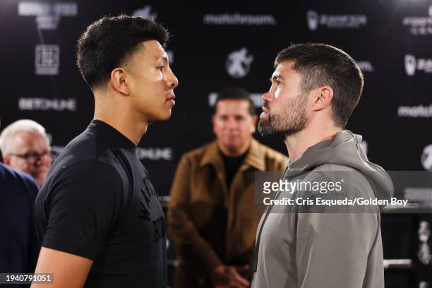 Jaime Munguia and John Ryder face off for the media during the Jaime Munguia v John Ryder media workout on January 16, 2024 in Los Angeles,...