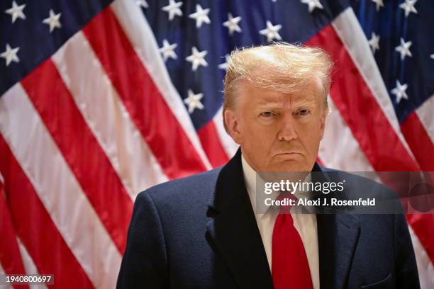 Former President Donald Trump speaks at a press conference at 40 Wall Street on January 17, 2024 in New York City. Trump held a press conference...